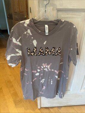 Bella Canvas MAMA Leopard Applique Tie-Dye Tee in Gray and White